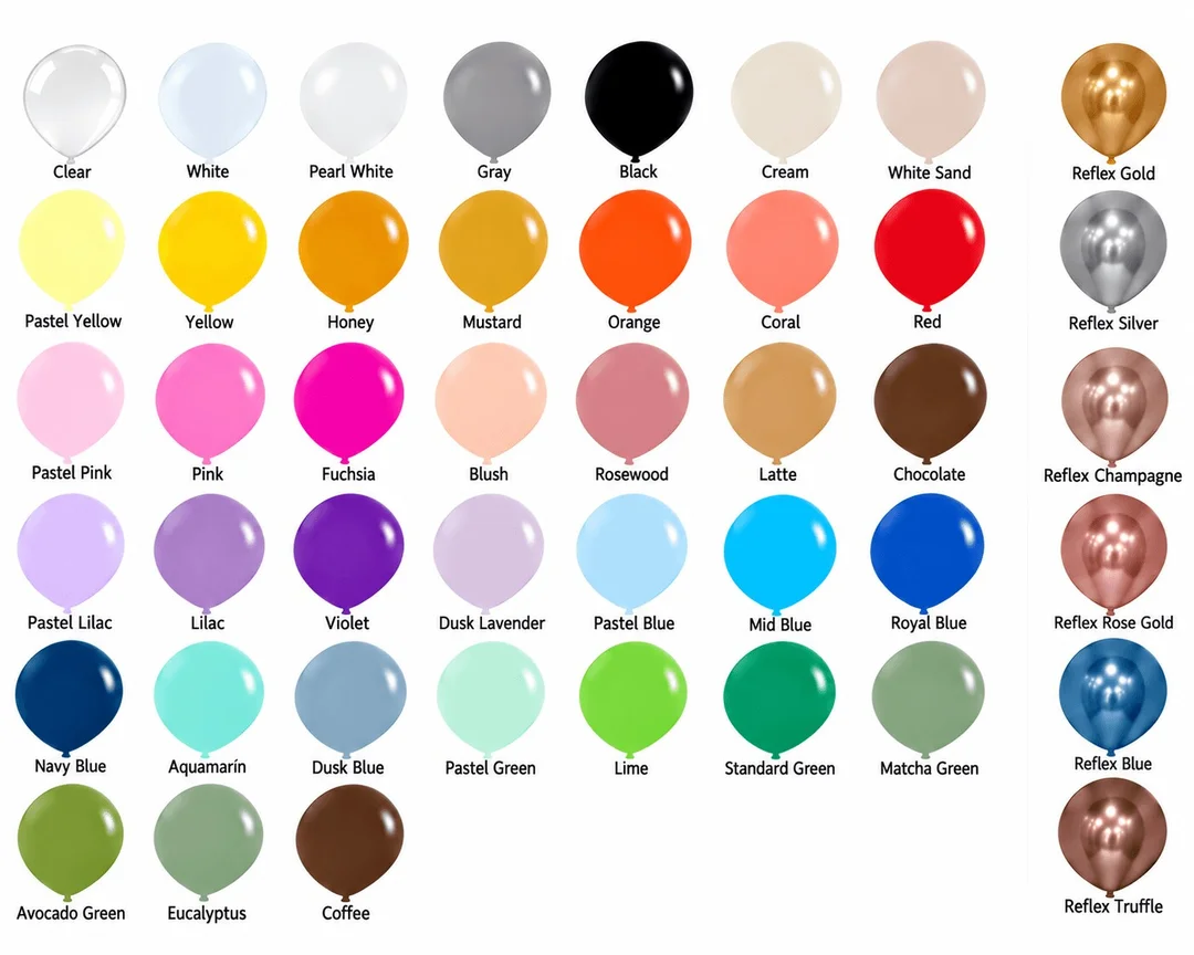 Decorlloon balloon colour chart showing each standard and reflex balloon shade by name